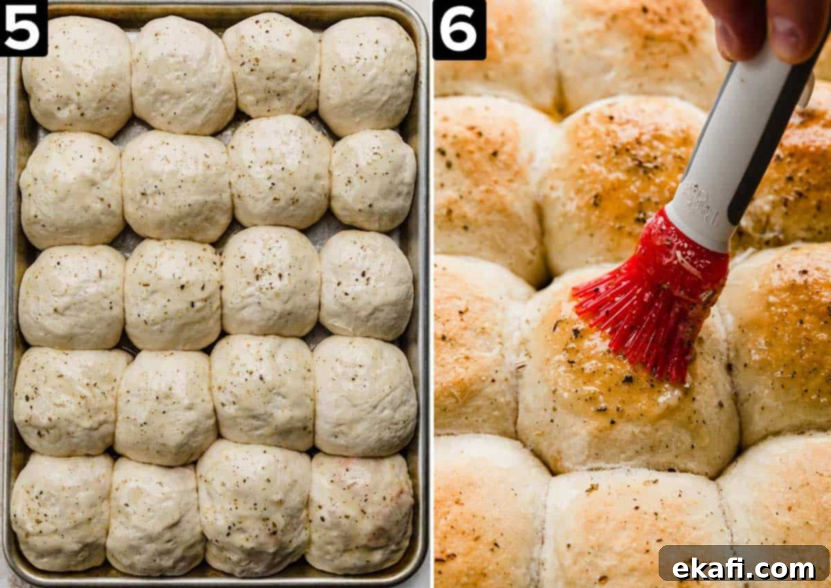 From-Scratch Pizza Rolls 5 Two photos side by side. The left photo shows unbaked pizza rolls on a baking sheet. The right photo shows a red pastry brush applying melted herbed butter over freshly baked, golden pizza rolls.