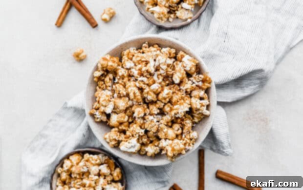 Ποπκόρν Κανελόψωμου 7 Ένα μεγάλο μπολ με Popcorn Κανέλας με ξυλάκια κανέλας δίπλα στο μπολ.