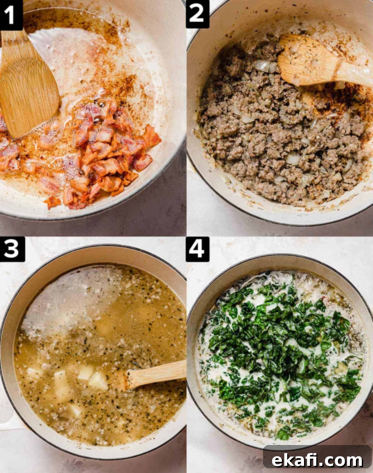 Copycat Olive Garden Zuppa Toscana 4 Four images showing how to make Olive Garden Zuppa Toscana Soup, top left has bacon in a white pot, top right has cooked sausage in a white pot, bottom left is potatoes and broth in a pot, bottom right has chopped kale in the soup.