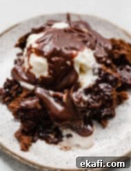 Κέικ με καυτή σοκολάτα 11 Hot Fudge Cake σε πιάτο με παγωτό και σάλτσα hot fudge.