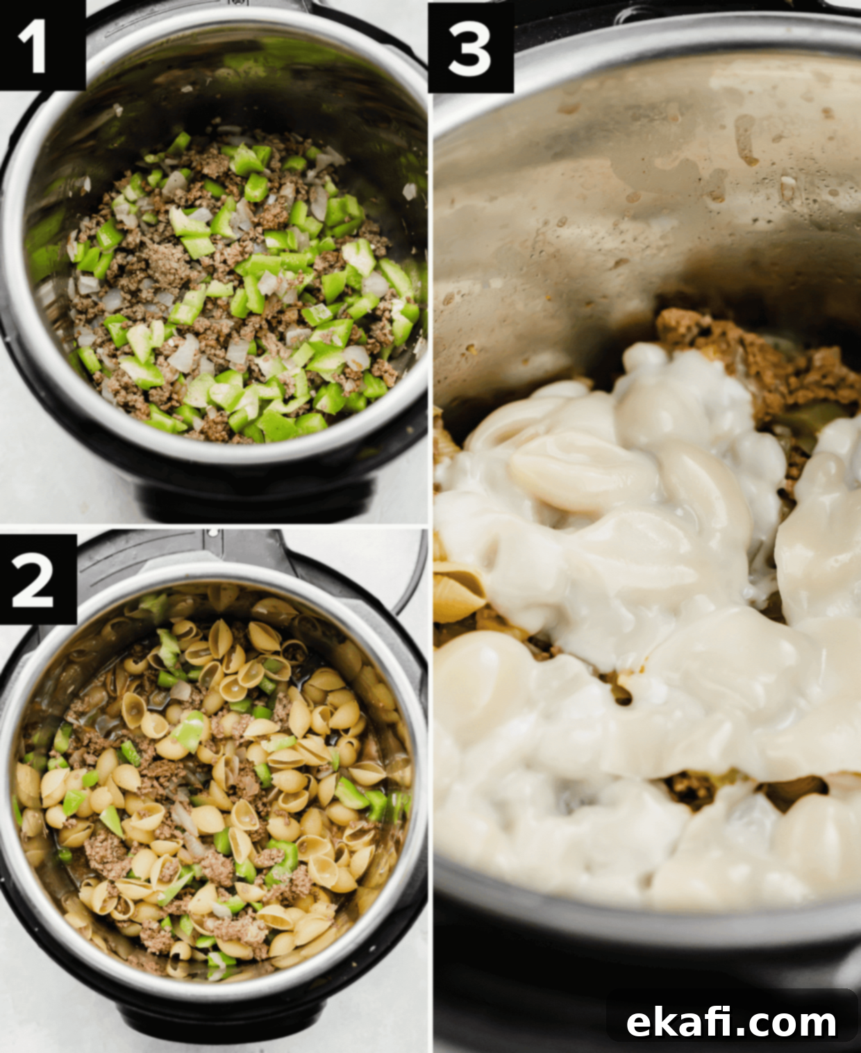 Creamy Instant Pot Philly Cheesesteak Pasta 4 Three images illustrating the cooking process: browning ground beef, adding pasta and green peppers to the Instant Pot, and finally, melted provolone cheese over the finished Philly Cheesesteak Pasta.