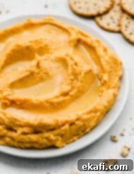 Sweet Potato Hummus 7 A serving of creamy Sweet Potato Hummus on a plate, garnished with a drizzle of olive oil.