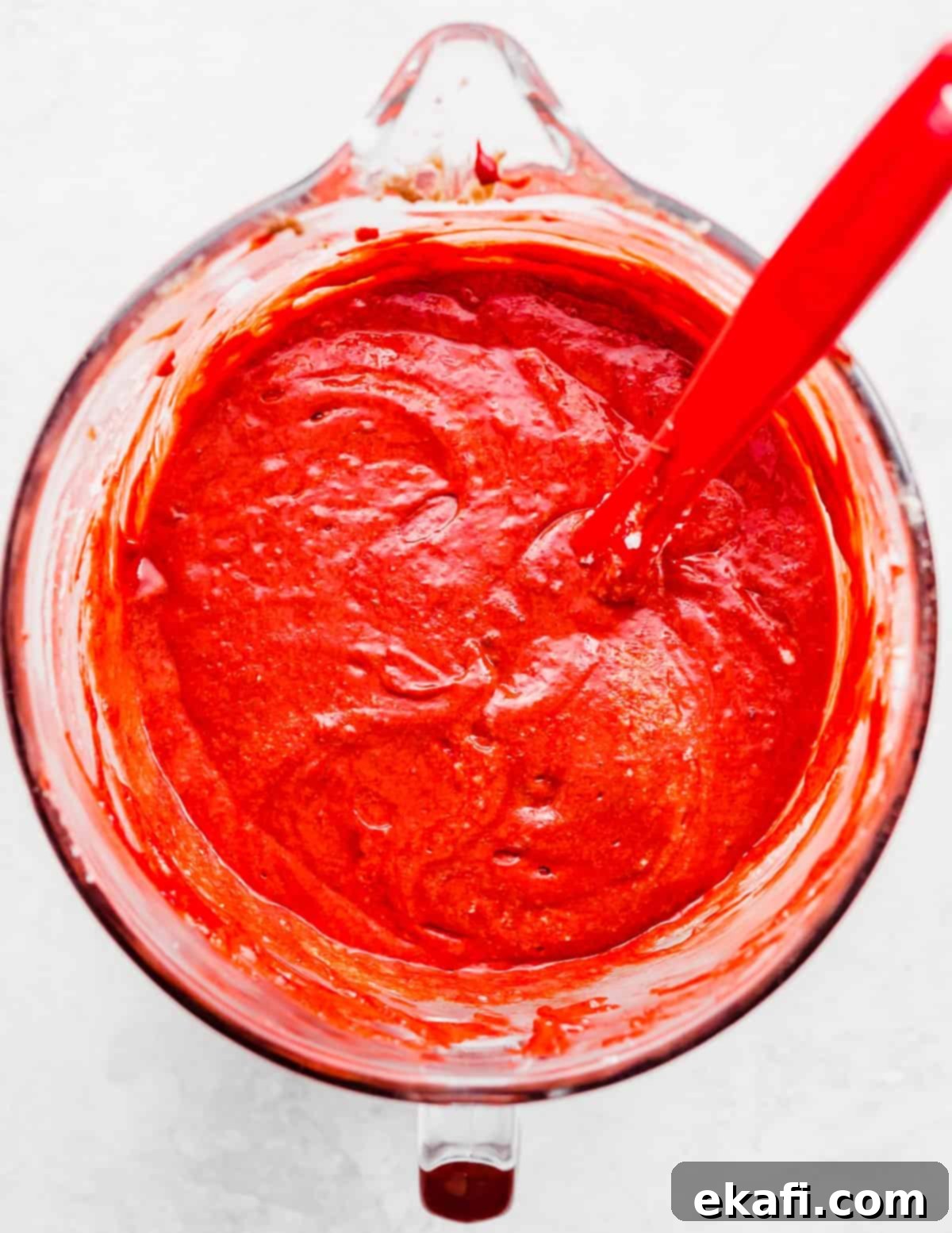 Heirloom Red Velvet Cake 5 Vibrant red velvet cake batter in a clear glass mixing bowl, ready for baking, against a clean white background.