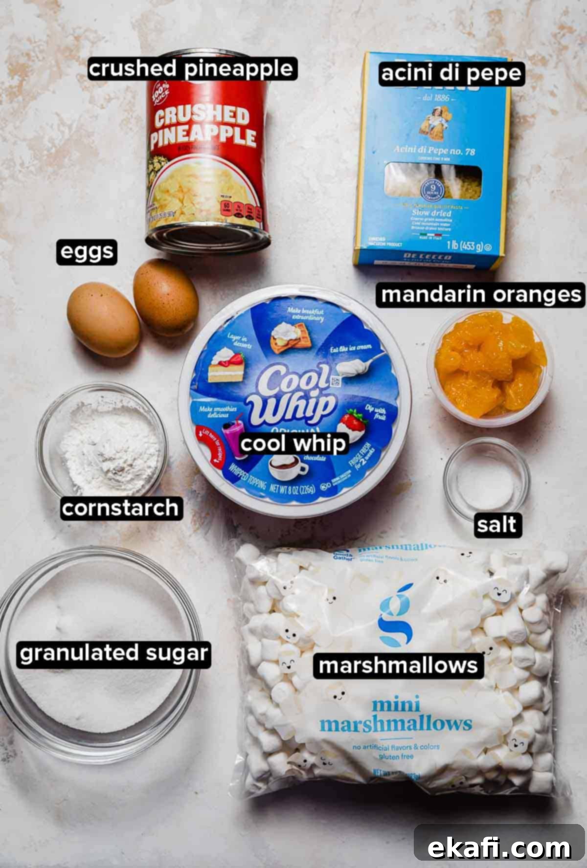 Acini di Pepe Salad 3 Acini di Pepe Pasta Salad (or frog eye salad) ingredients on a white background.