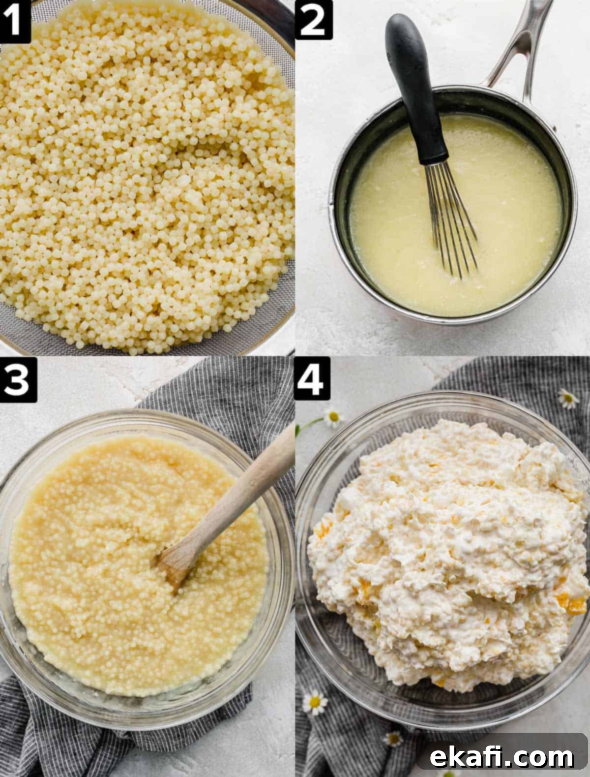 Acini di Pepe Salad 4 Four images showing how to make Acini di Pepe Salad, or frog eye salad, using a homemade pineapple fruit juice and cool whip.