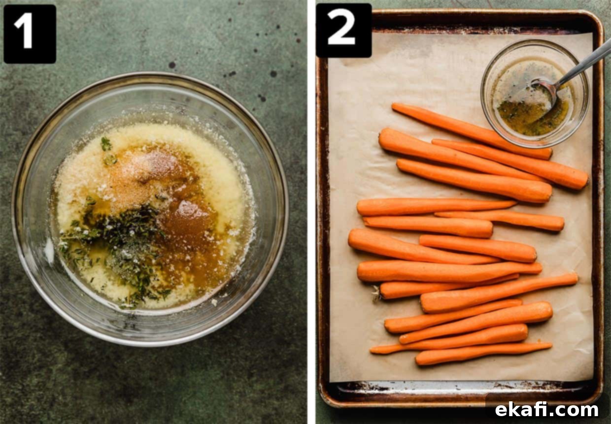 Καραμελωμένα Καρότα Καστανής Ζάχαρης 4 Two photos: left has a Brown Sugar Roasted Carrots butter and thyme mixture in a bowl, right has peeled long carrots on a baking sheet.