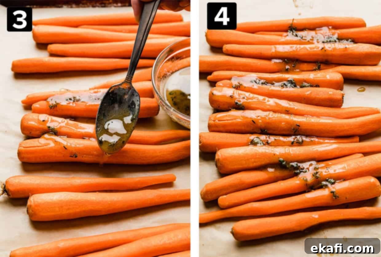 Καραμελωμένα Καρότα Καστανής Ζάχαρης 5 Two photos showing how to make Brown Sugar Roasted Carrots: left a spoon is drizzling a butter brown sugar mixture over carrots, right shows the mixture on all the carrots.