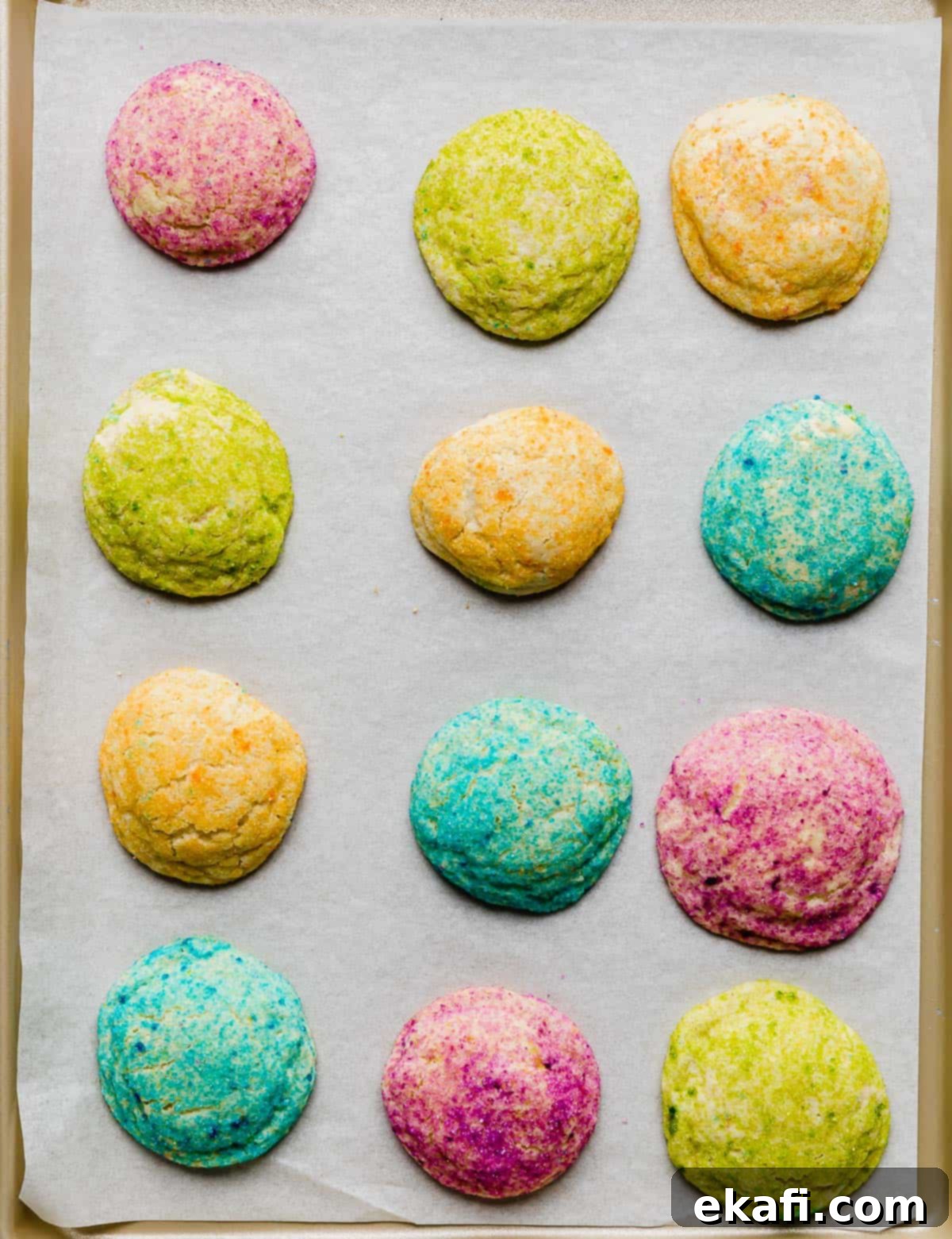 Sugared Delights 7 Baked sugar coated sugar cookies laid out on a white parchment-lined baking sheet, showing their vibrant colors.