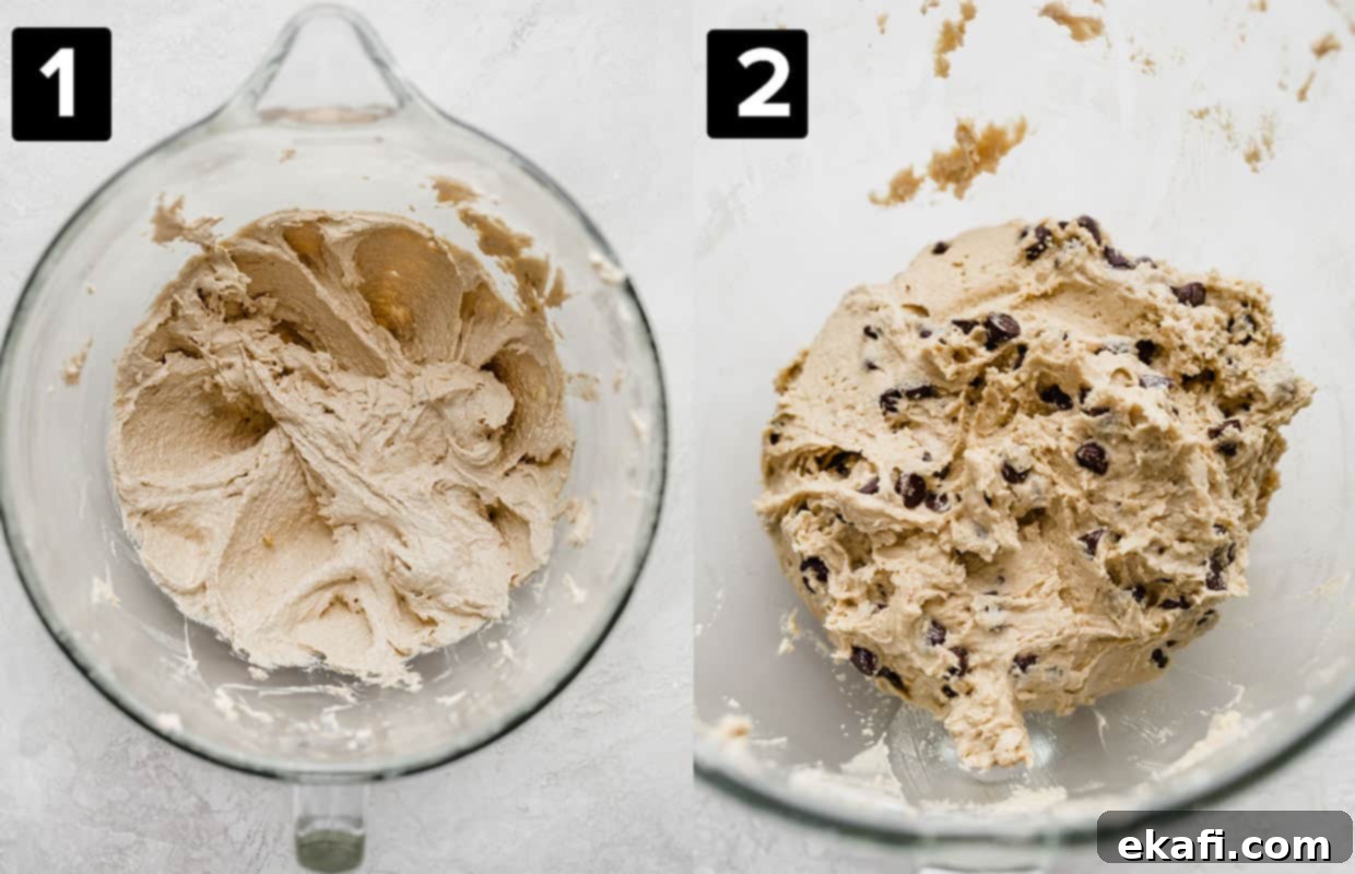 Sweet and Savory Tahini Chocolate Chip Cookies 4 Two photos: left is Tahini Chocolate chip cookie dough without chocolate chips, right photos has chocolate chips mixed into tahini chocolate chip cookie dough.