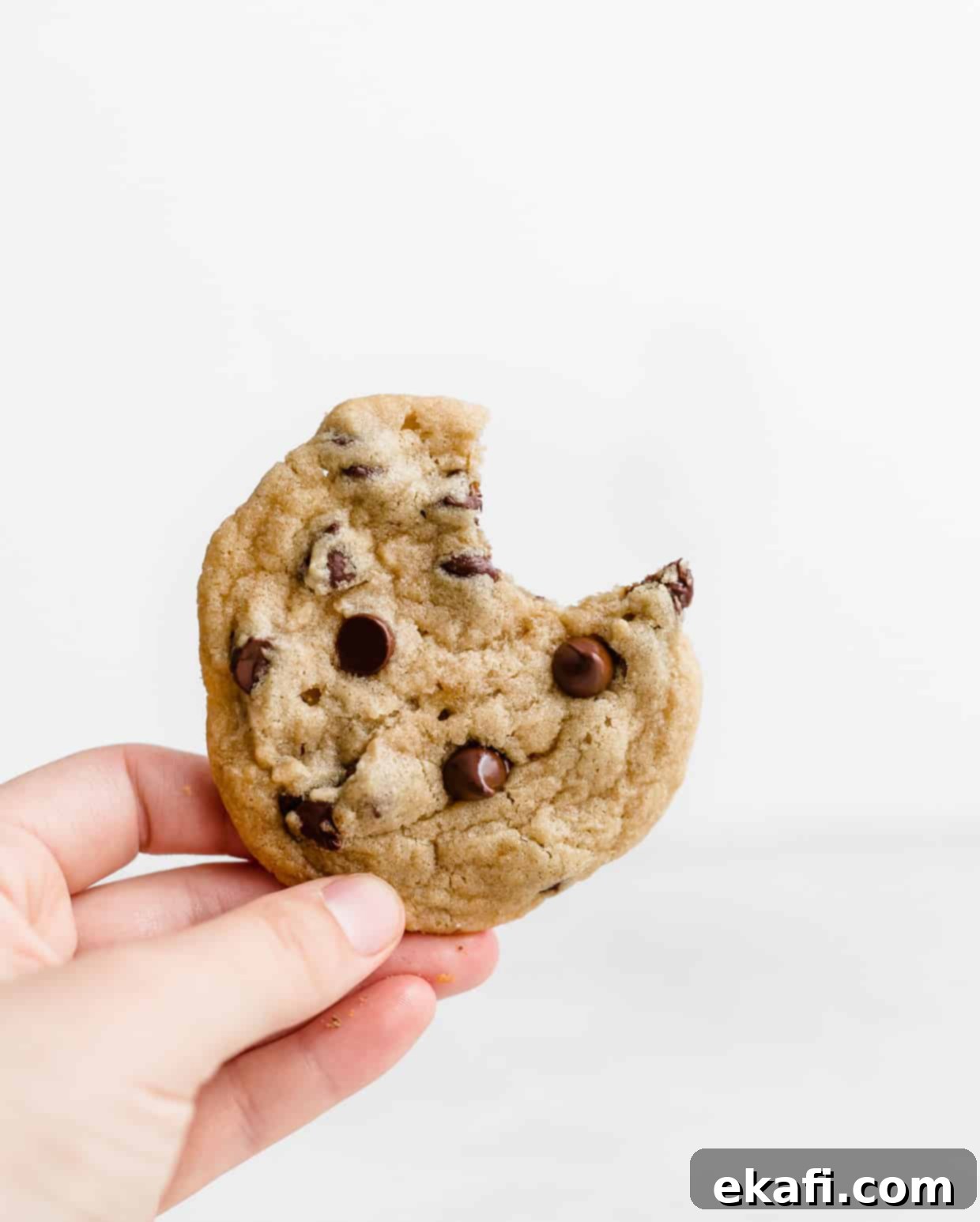 Sweet and Savory Tahini Chocolate Chip Cookies 7 A hand holding a Tahini Chocolate Chip Cookie against a white background, showing its chewy interior.