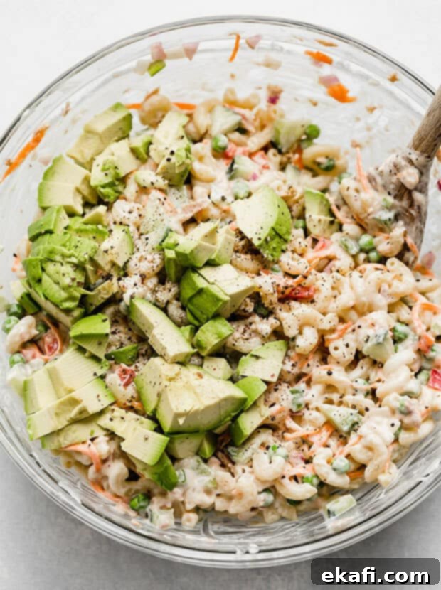 Creamy Tuna Avocado Macaroni Salad 7 Diced avocados freshly mixed into a creamy tuna macaroni salad.