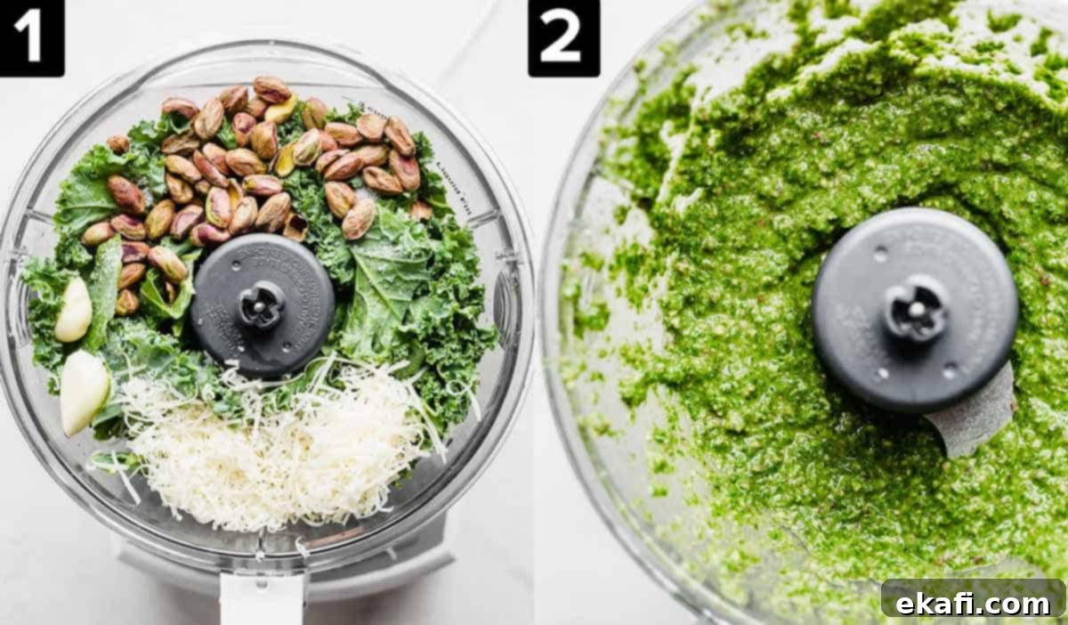 Easy Kale Pesto 4 Two images side by side. The left shows a food processor filled with fresh kale, cheese, pistachios, and olive oil. The right image shows the blended, smooth, bright green kale pesto in the food processor.