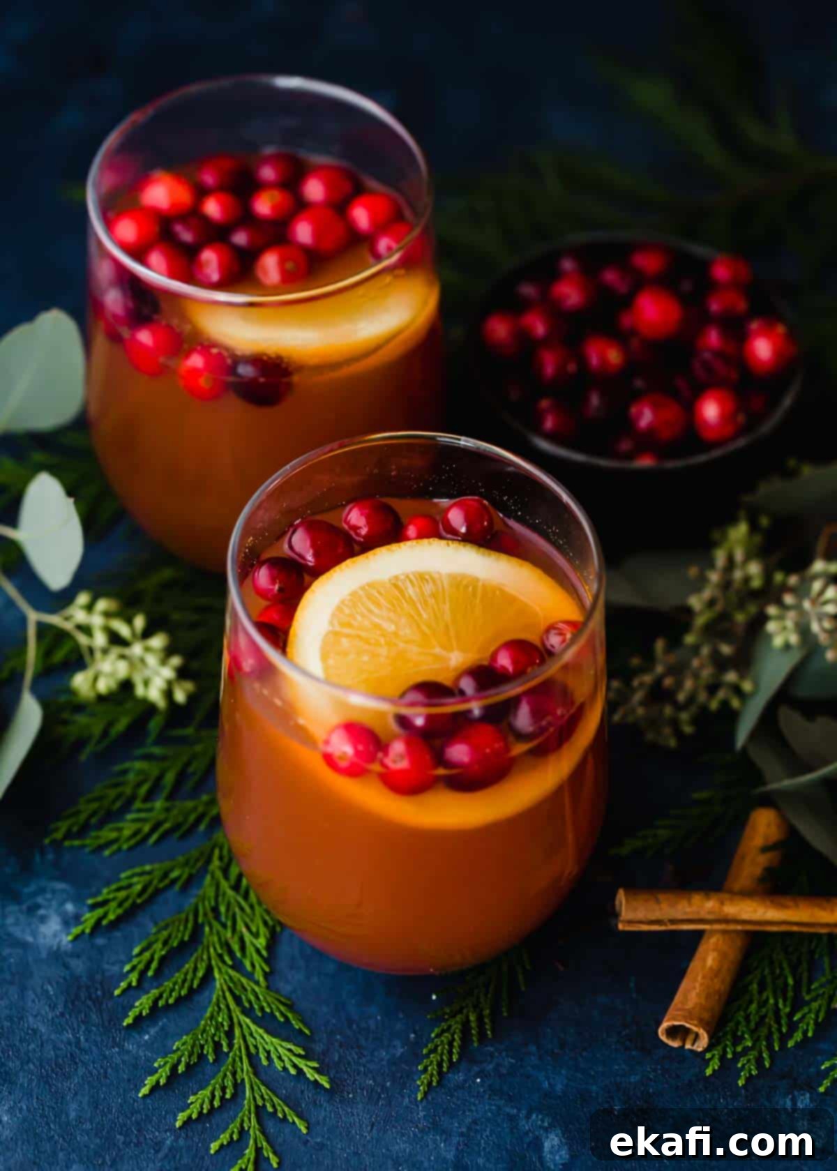 Spiced Cranberry Apple Cider 2 Two cups of Cranberry Apple Cider filled with fresh cranberries and orange slice on a dark blue background.