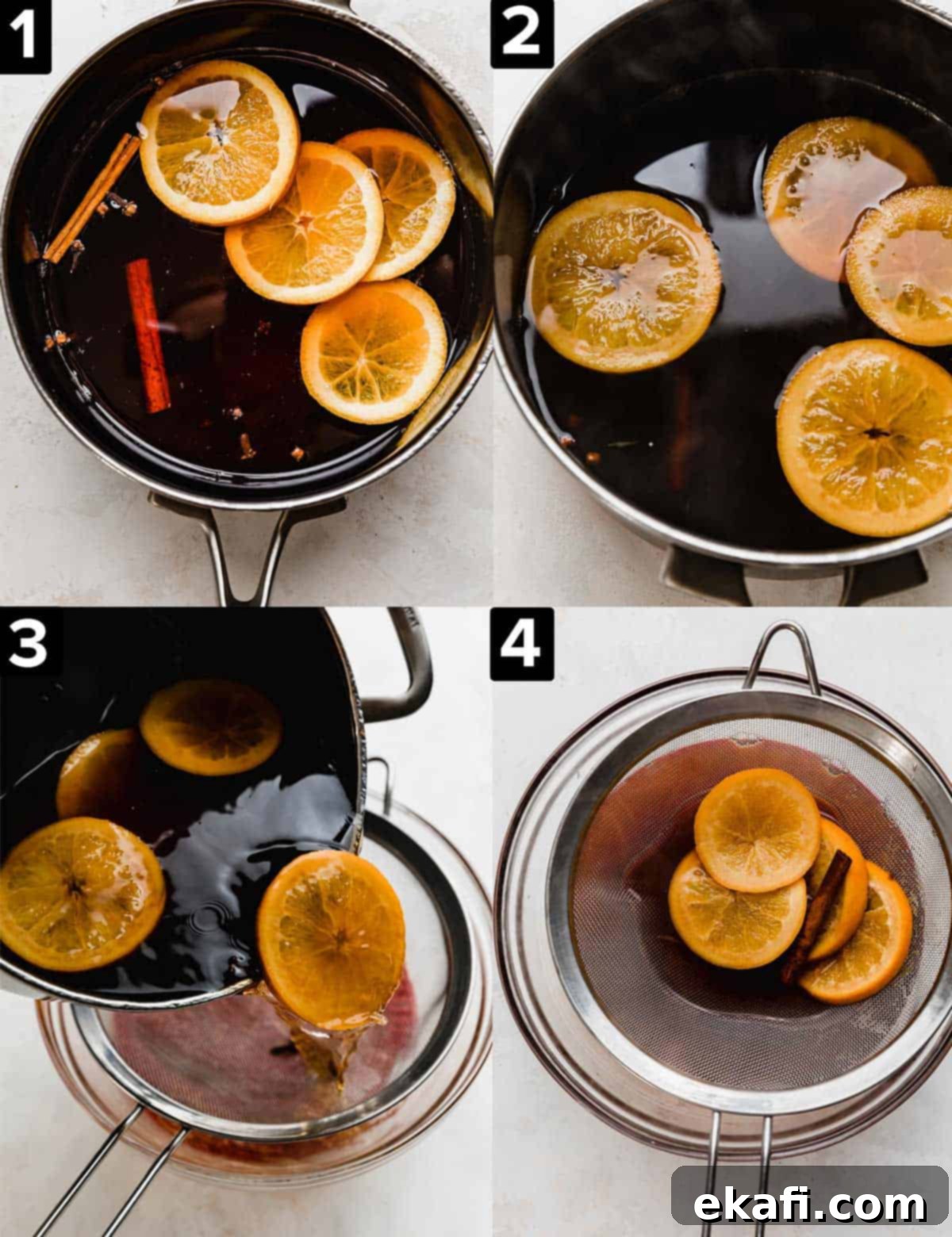 Spiced Cranberry Apple Cider 4 Four photo collage showing the process of how to make Cranberry Apple Cider; ingredients are added to a pot, simmered, then strained through a sieve into a bowl.