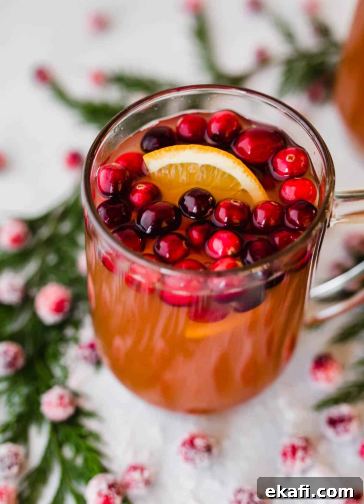 Spiced Cranberry Apple Cider 5 Overhead photo of Cranberry Apple Cider in a glass mug with lots of fresh cranberries in the cup too.