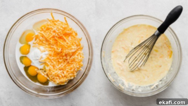 Effortless Breakfast Casserole 4 A glass bowl full of whisked eggs, cheddar cheese, milk, and sour cream, ready for the next ingredients.