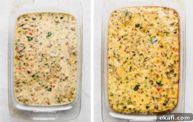 Effortless Breakfast Casserole 8 A glass 13x9 inch baking pan filled with the breakfast casserole, golden brown and perfectly baked.