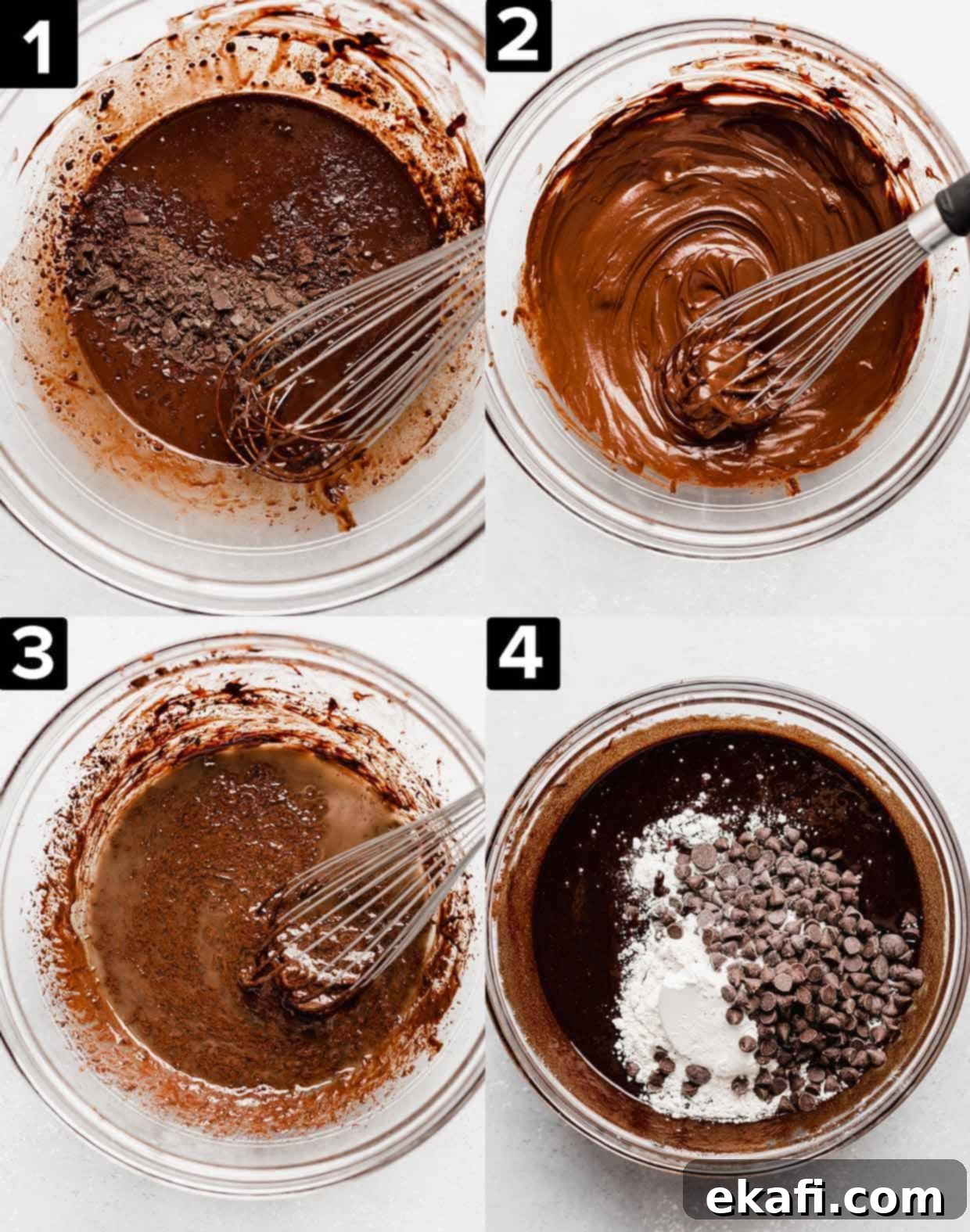 Fudgy Homemade Brownies 4 Four images showing how to make homemade brownies: a glass bowl on a white background mixing melted chocolate, with the wet and dry ingredient mix-ins.