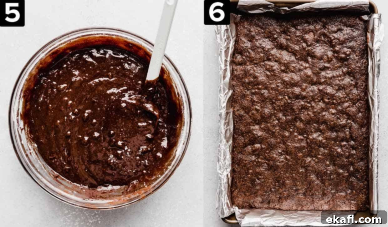 Fudgy Homemade Brownies 5 Left image is brownie batter in a glass bowl on a white background, right photo is baked homemade brownies in a baking sheet.