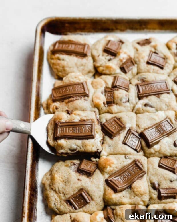 Smores Cookies 2 A baking sheet filled with perfectly baked s'mores cookies, showcasing their golden-brown edges and melted chocolate tops. A spatula carefully lifts one cookie off the sheet.