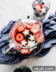 Red White and Blue Refresher 7 Overhead photo of a glass pitcher full of red white and blue fruit.