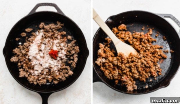 Homemade Cheesy Beef Pasta Skillet 5 A photo collage of a cast iron skillet full of ground beef and dry seasonings on the meat.