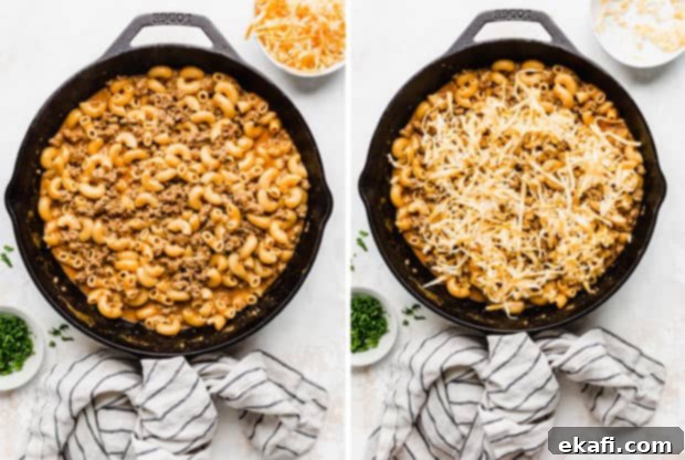 Homemade Cheesy Beef Pasta Skillet 7 A 2 photo collage of a cast iron skillet full of a cheesy macaroni pasta and ground beef.
