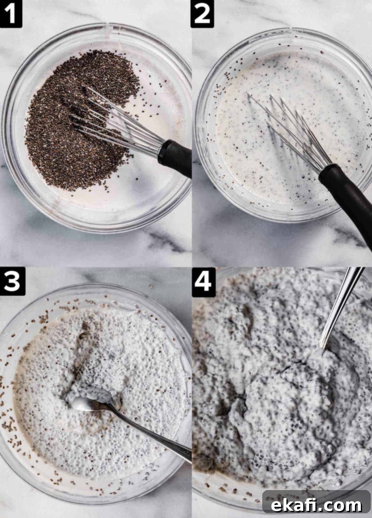 Tropical Chia Pudding Bliss 4 Four images showing how to make coconut chia pudding with coconut milk, all featuring a class bowl on a white marble slab.