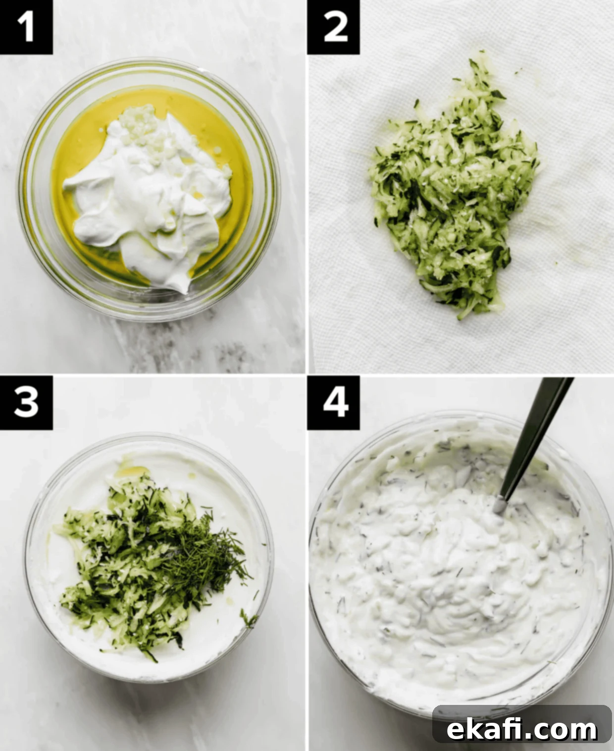 Authentic Tzatziki Recipe 4 Four images showing how to make authentic Tzatziki sauce, top left is greek yogurt in bowl with olive oil, top right is shredded cucumber on a white paper towel, bottom left image shows shredded cucumber and dill over greek yogurt, bottom right is Tzatziki Recipe in a glass bowl.