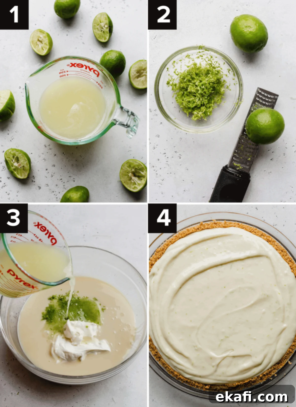 Velvety Key Lime Indulgence 4 A four-panel image demonstrating the process of making Key Lime Pie: grating lime zest, mixing ingredients in a bowl, pouring filling into the crust, and the pie ready for baking.