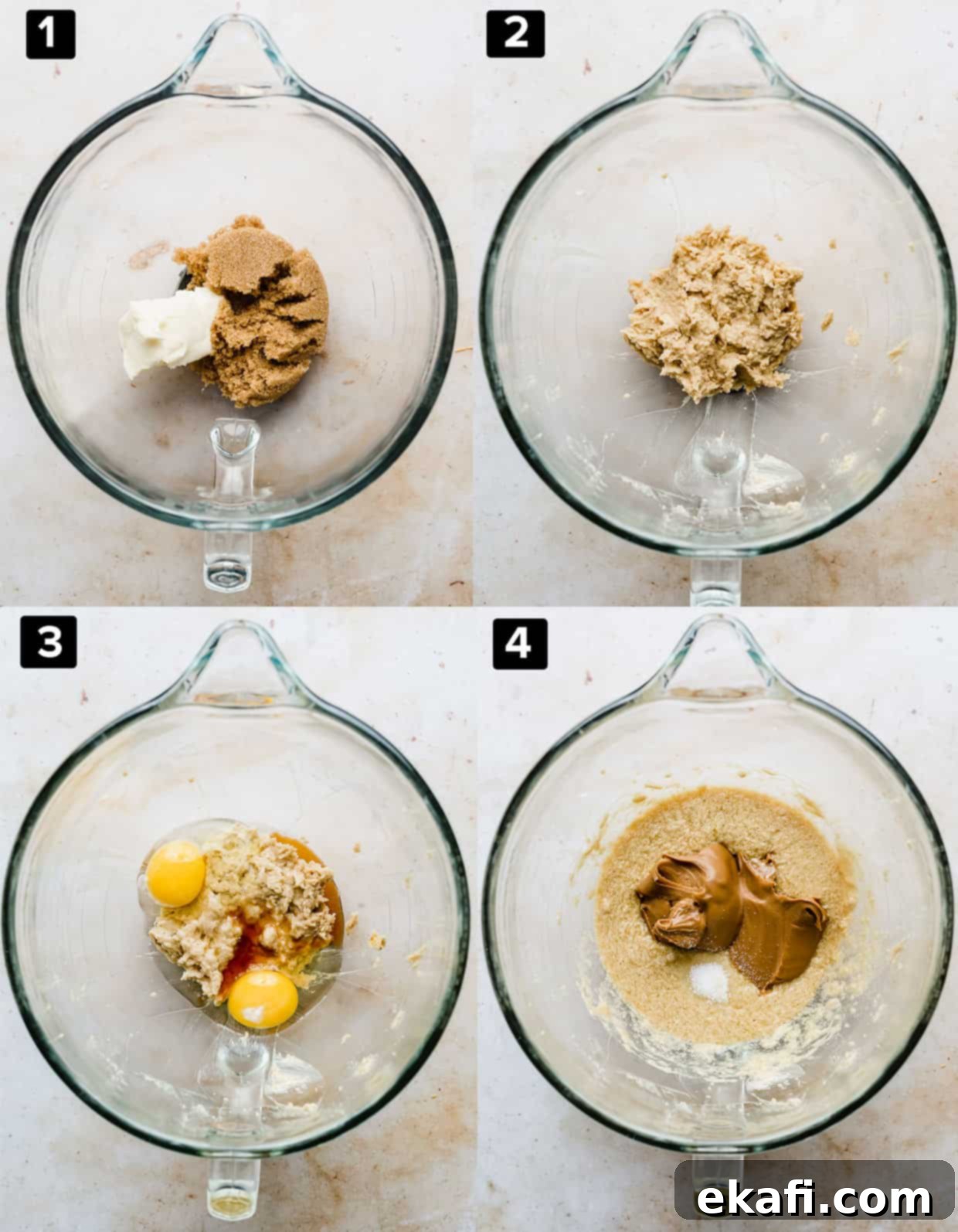 Μπράουνις Λωτού 4 A four photo collage of a glass bowl with various Biscoff Brownie ingredients being added to the bowl.