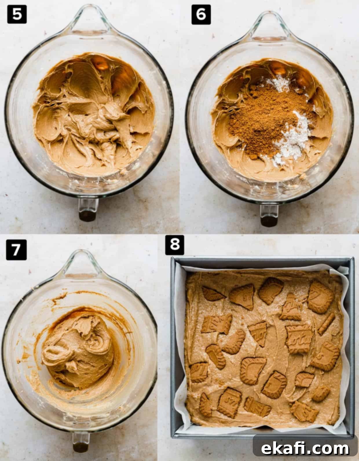 Μπράουνις Λωτού 5 A four photo process collage of Biscoff Brownies in the making.
