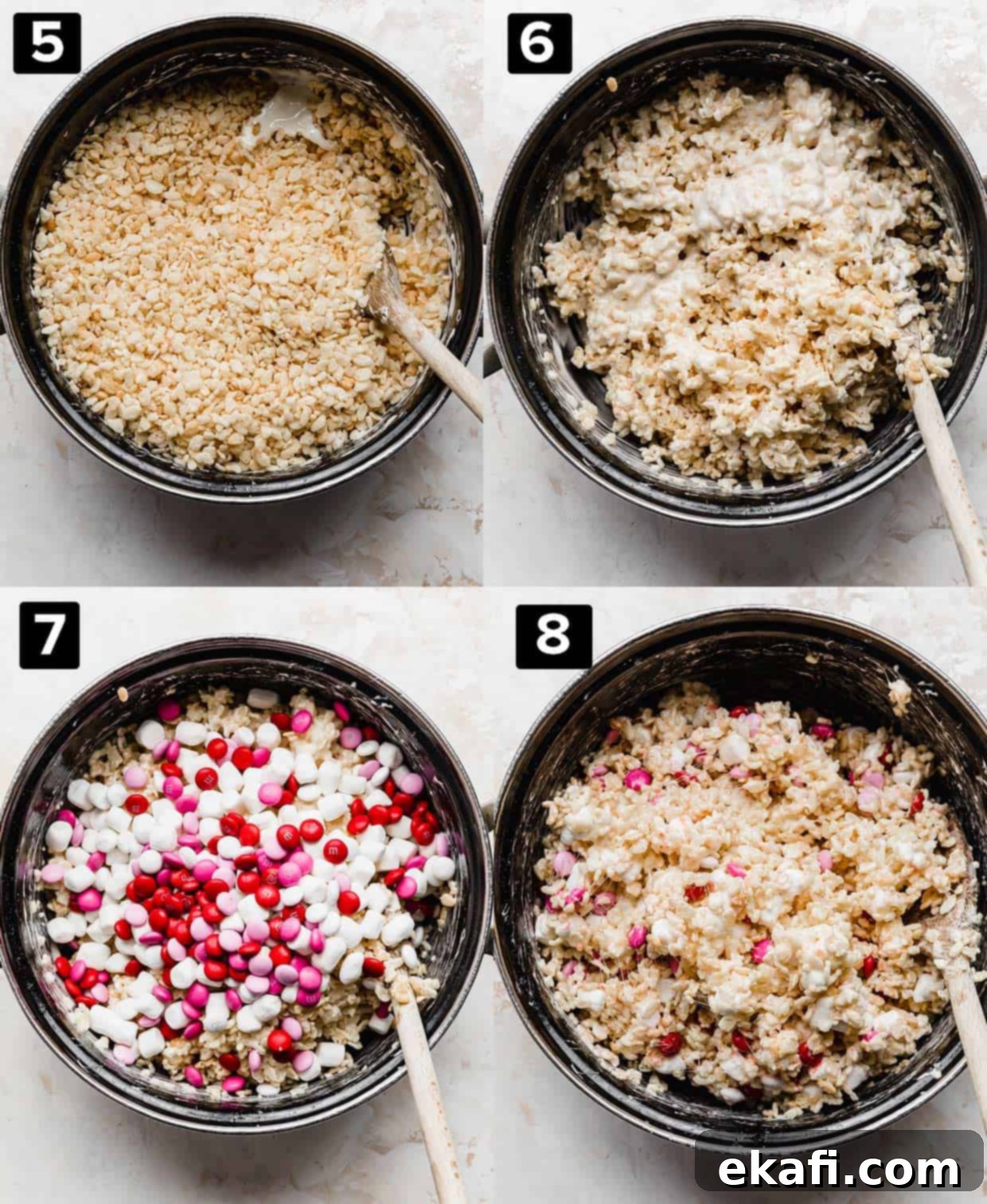 Colorful M and M Rice Krispie Bars 5 A four photo collage of Valentine Rice Krispie Treats with M&M's being made in a black pot.