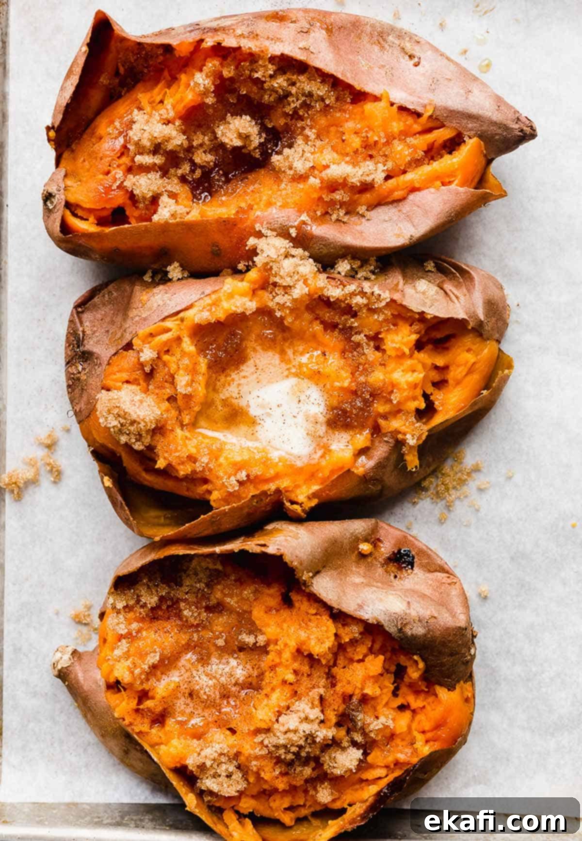 Easy Baked Sweet Potato 2 Three Baked Sweet Potatoes split open with melted butter and brown sugar sprinkled overtop.