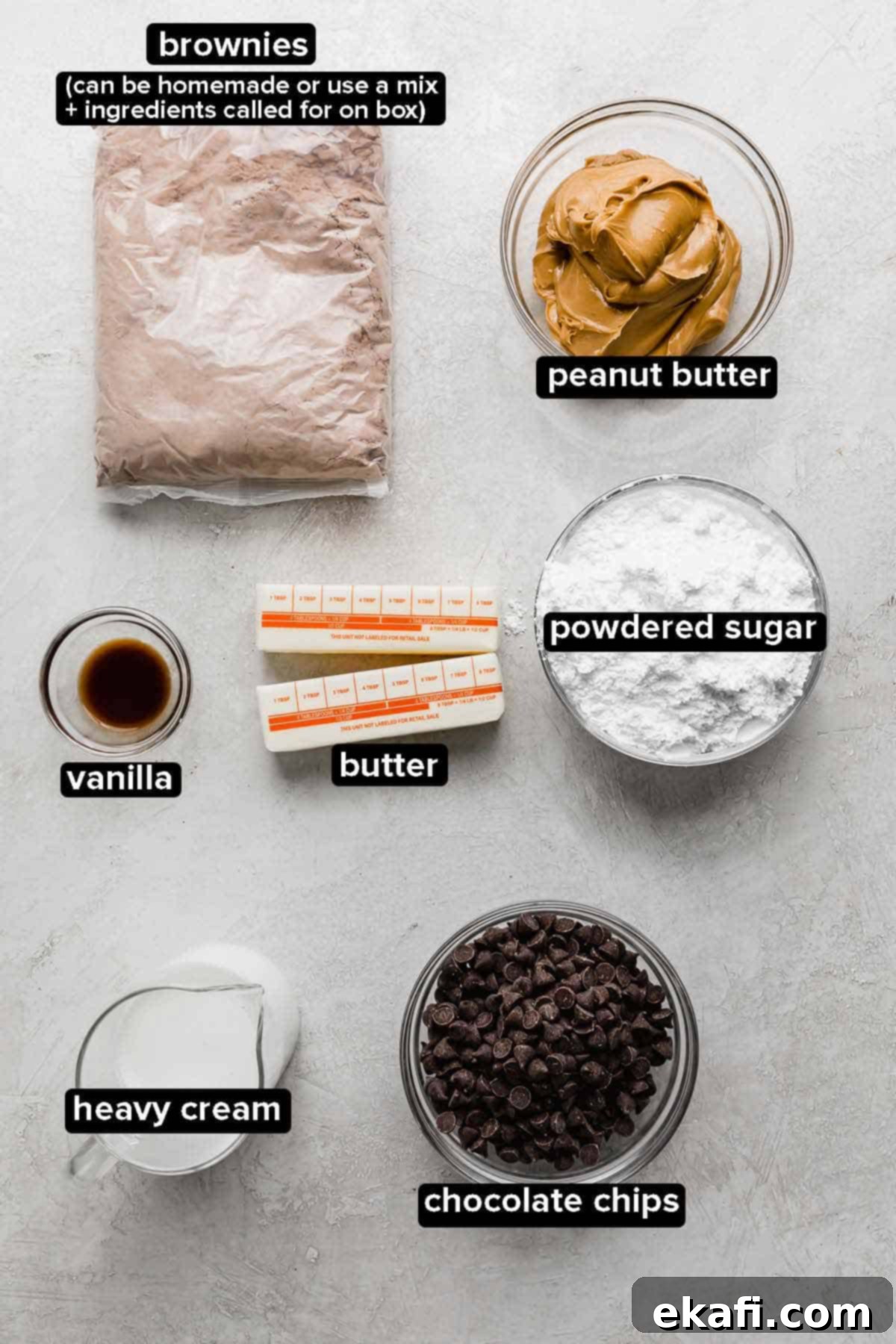 Ultimate Buckeye Brownies 3 Buckeye Brownies ingredients portioned into glass bowls on a light gray background.