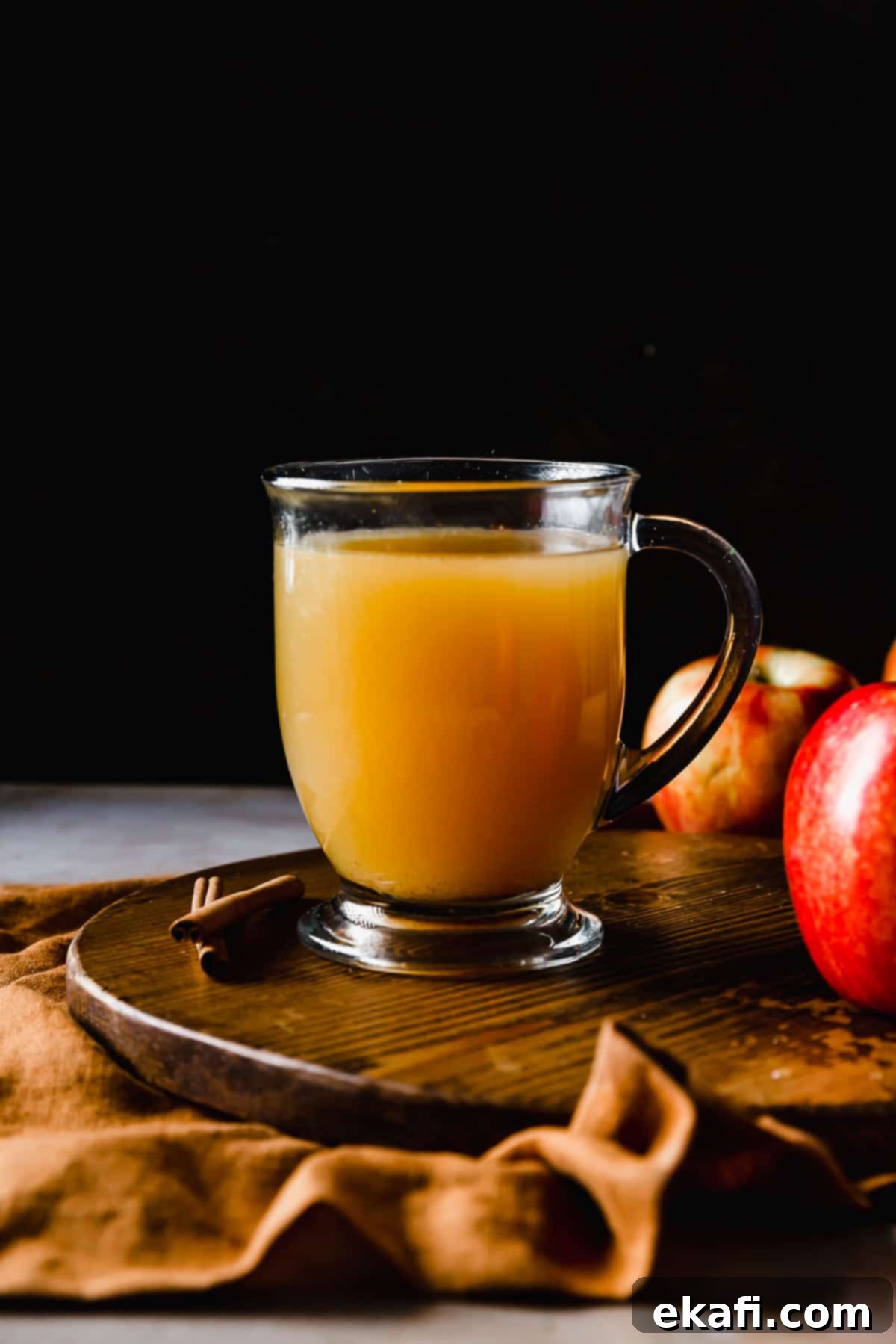 Warm Yuletide Brew 2 A clear mug filled with Hot Wassail against a black background, garnished with an orange slice and cinnamon stick.