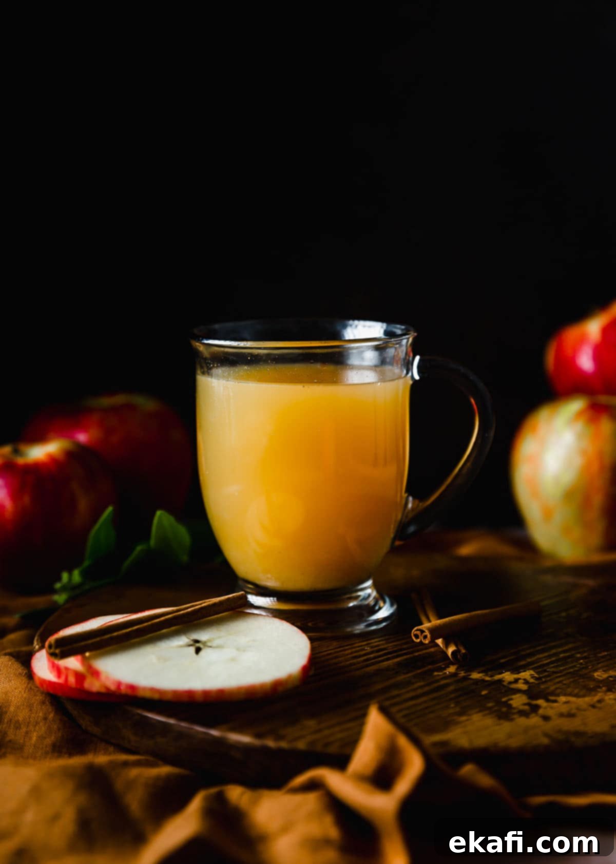 Warm Yuletide Brew 6 Hot Wassail in a clear mug against a black background, garnished with an orange slice and cinnamon stick, similar to previous image but different angle.