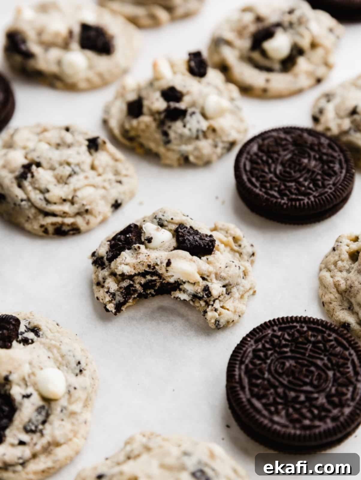 Cookies and Cream Cookies 2 A Oreo loaded cookie with a bite taken out of it, against a white background.