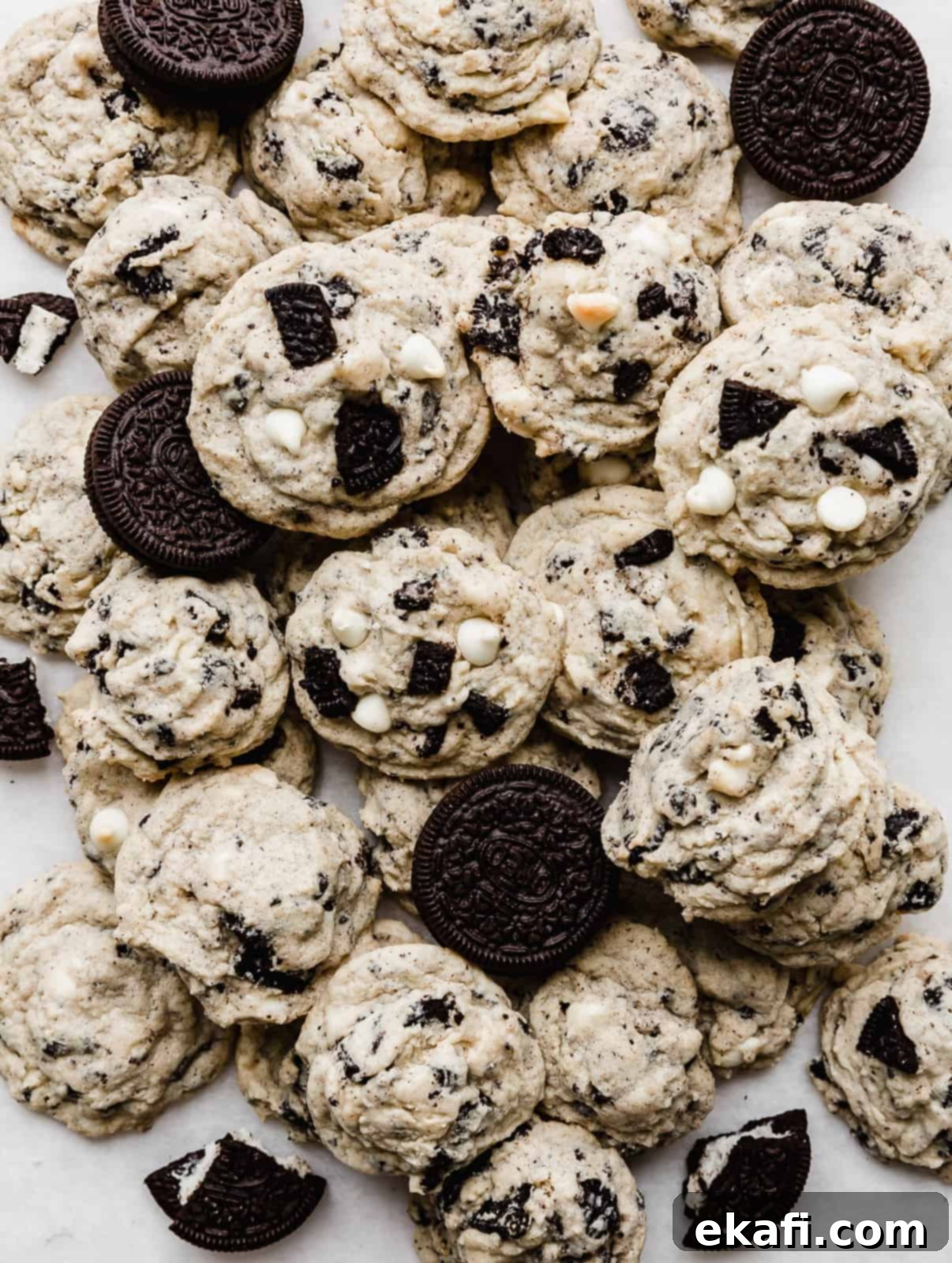 Cookies and Cream Cookies 5 A pile of Cookies and Cream Cookies with Oreo's amongst the pile.