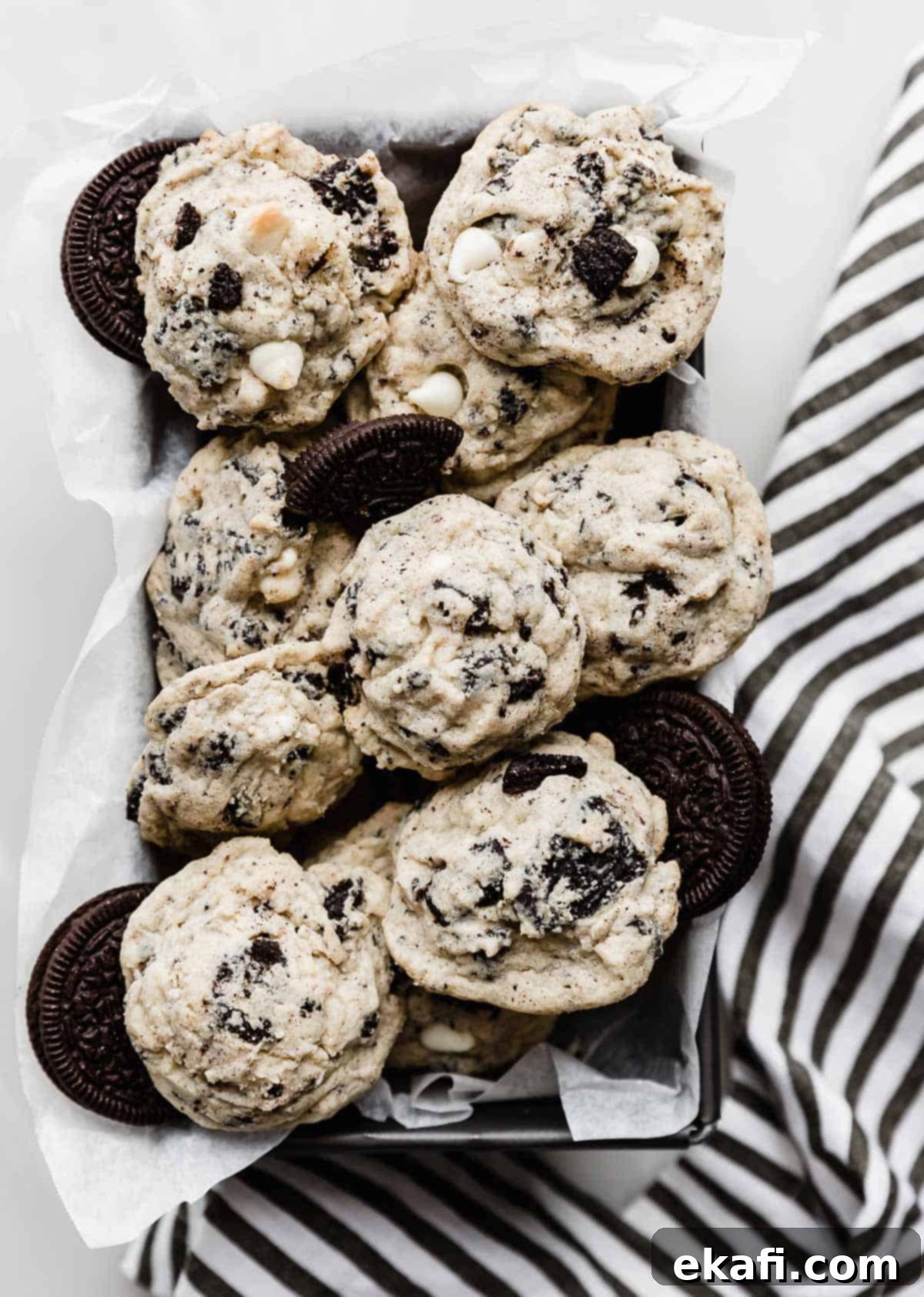 Cookies and Cream Cookies 6 Cookies and Cream Cookies stacked on top of each other on a rectangular bread pan.