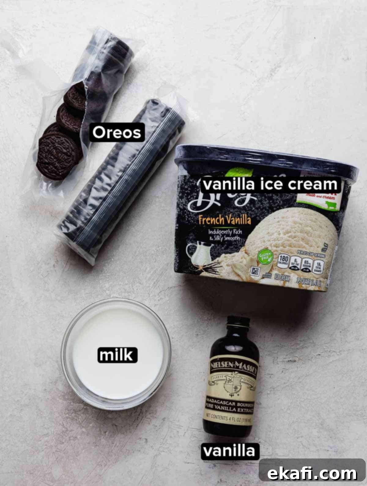 Ultimate Oreo Indulgence 3 Oreo Milkshake Recipe ingredients on a light gray background: vanilla ice cream, Oreos, vanilla, milk.