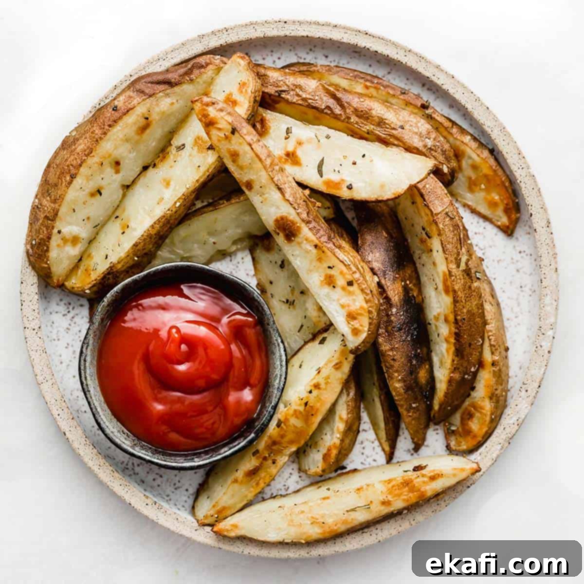 Gridiron Grub 12 A round white plate with Crispy Baked Potato Wedges on it with a bowl of ketchup, on a white background.