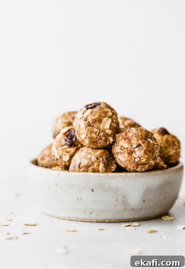 Gridiron Grub 30 Oatmeal raisin energy bites stacked inside a small ceramic bowl.