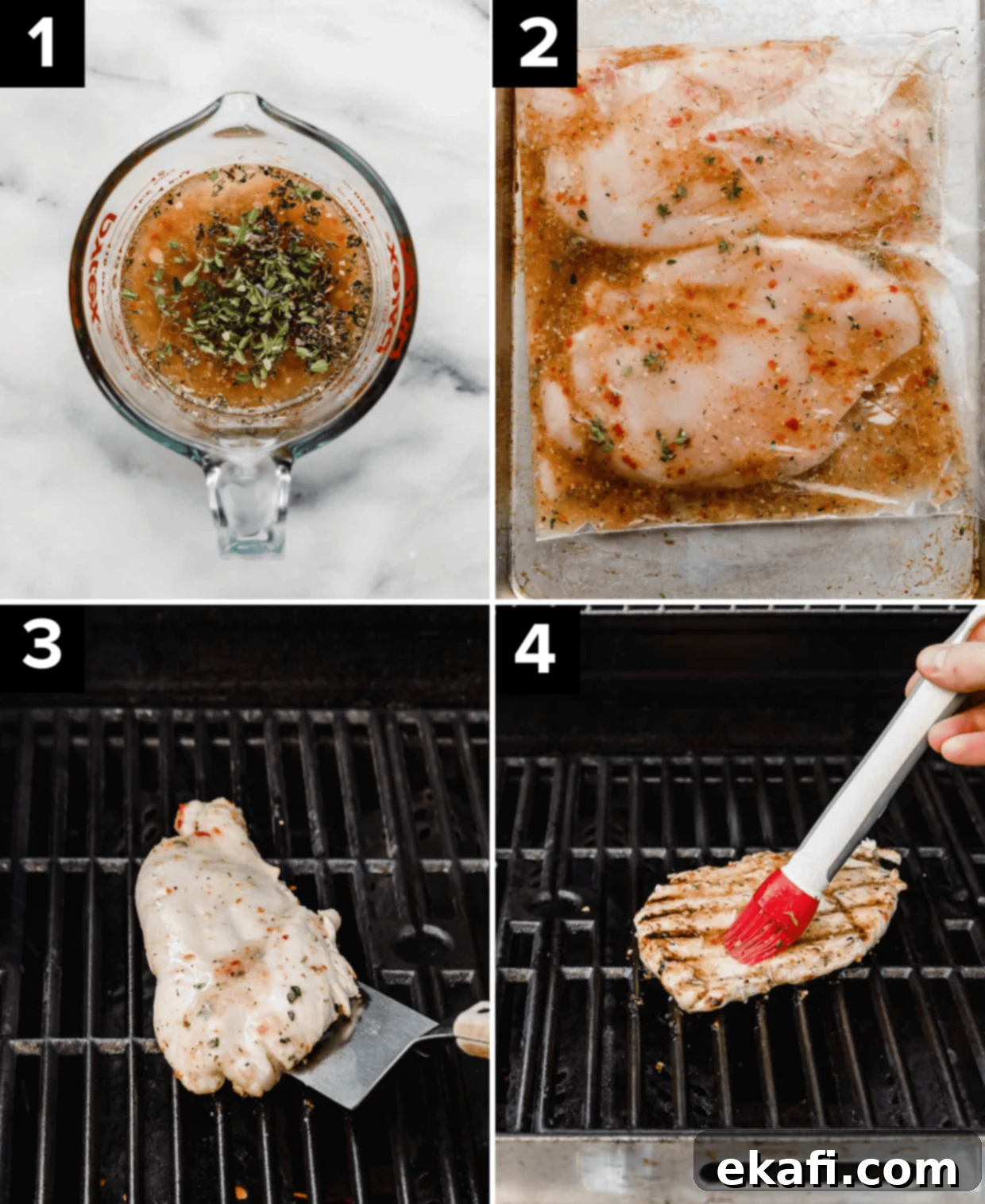 Zesty Italian Grilled Chicken 4 Four photos showing how to make Italian Grilled Chicken, top left image is Italian dressing and seasoning in a glass cup, top right image is chicken and Italian chicken marinade in a ziplock bag, bottom left is chicken on a grill, bottom right image is a basting brush basting a chicken breast.