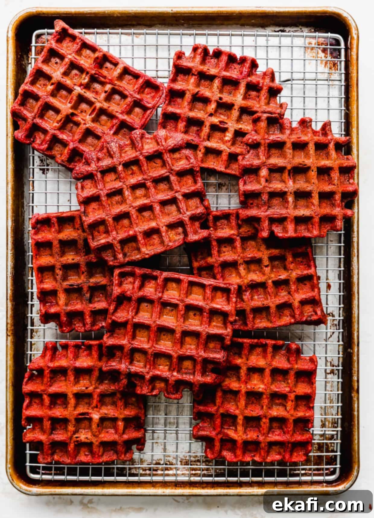 Velvet Dream Waffles 8 A baking sheet topped with a wire rack and square red velvet waffles on the rack.