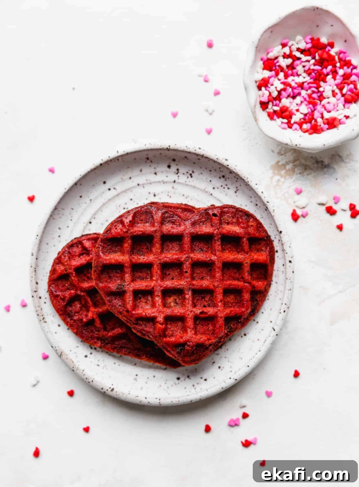 Velvet Dream Waffles 9 A heart shaped red velvet waffle on a white plate against a white background.